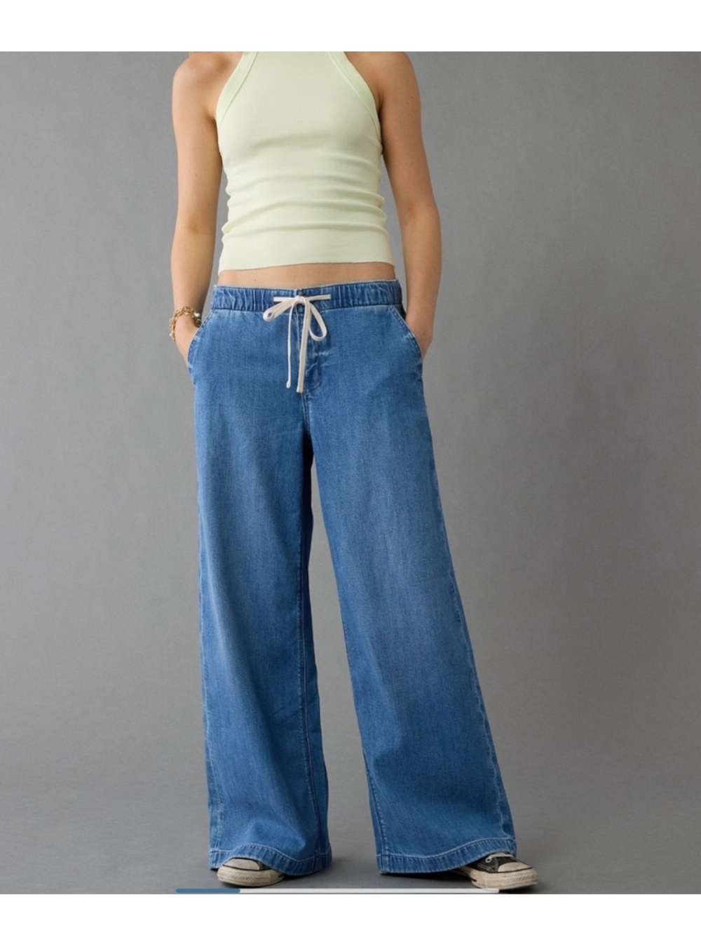 American Eagle Wide-Leg Drawstring Jeans - indigo  S Long